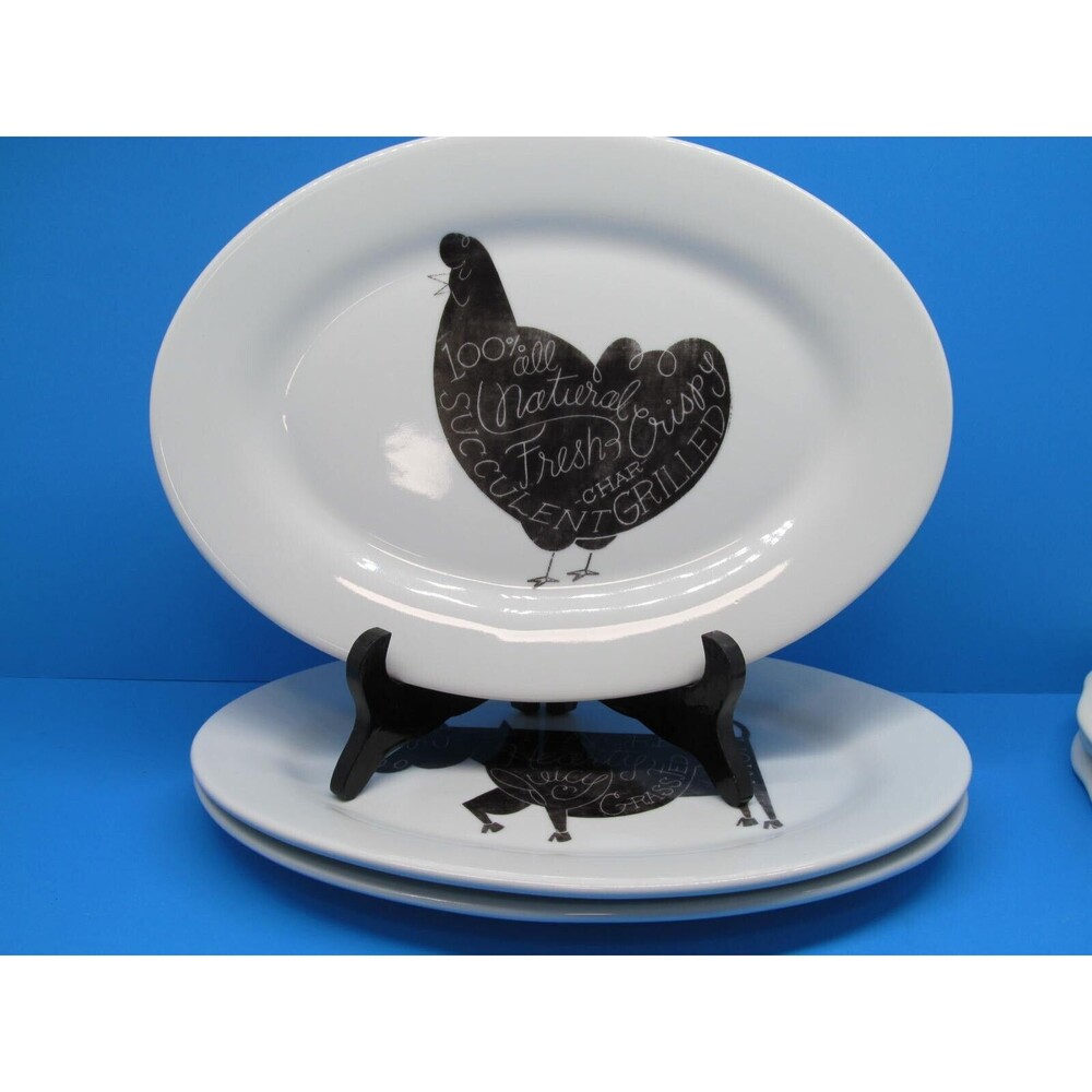 Crate & Barrel Oval Plates Platters 11 .5" Cow & Chicken Bundle of 3